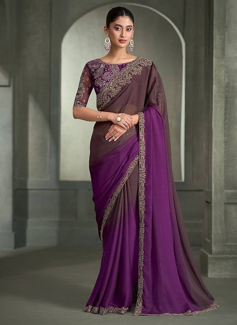 shaded wine chiffon with  banglori work blouse party wear saree