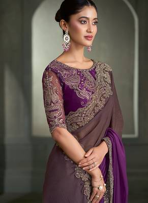 shaded wine chiffon with  banglori work blouse party wear saree 2