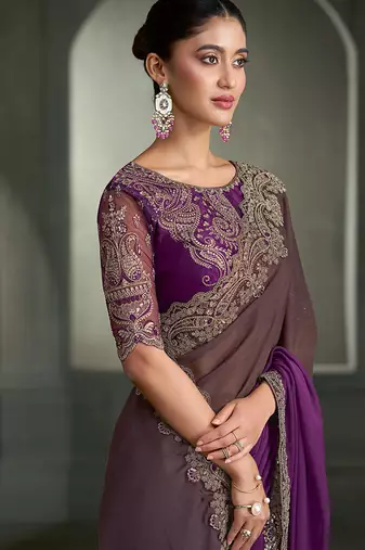 shaded wine chiffon with  banglori work blouse party wear saree