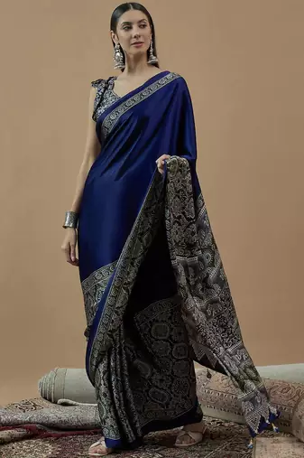blue ethnic motifs ajrak poly crepe block print saree