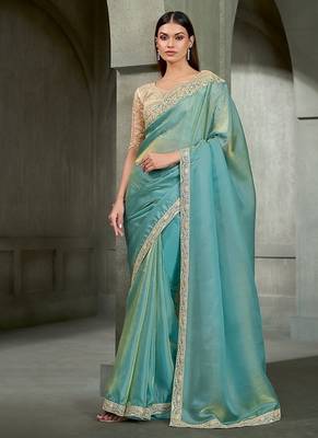 sky blue tissue with tissue work blouse party wear saree 1