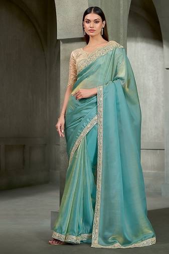 sky blue tissue with tissue work blouse party wear saree
