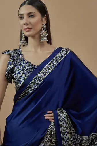 blue ethnic motifs ajrak poly crepe block print saree