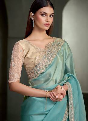 sky blue tissue with tissue work blouse party wear saree 2