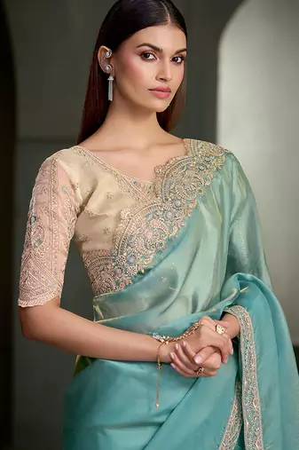 sky blue tissue with tissue work blouse party wear saree