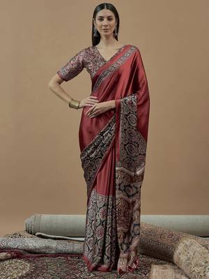 maroon ajrak block poly crepe block print saree 1