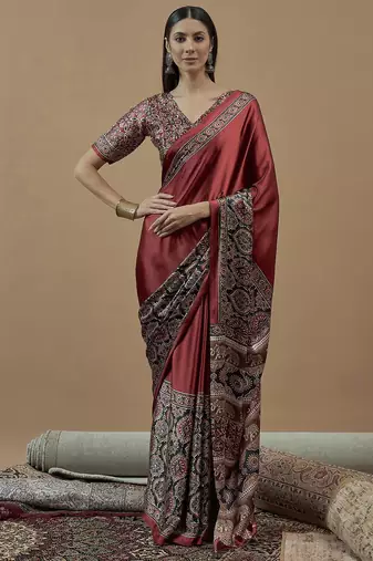 maroon ajrak block poly crepe block print saree