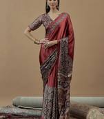 maroon ajrak block poly crepe block print saree
