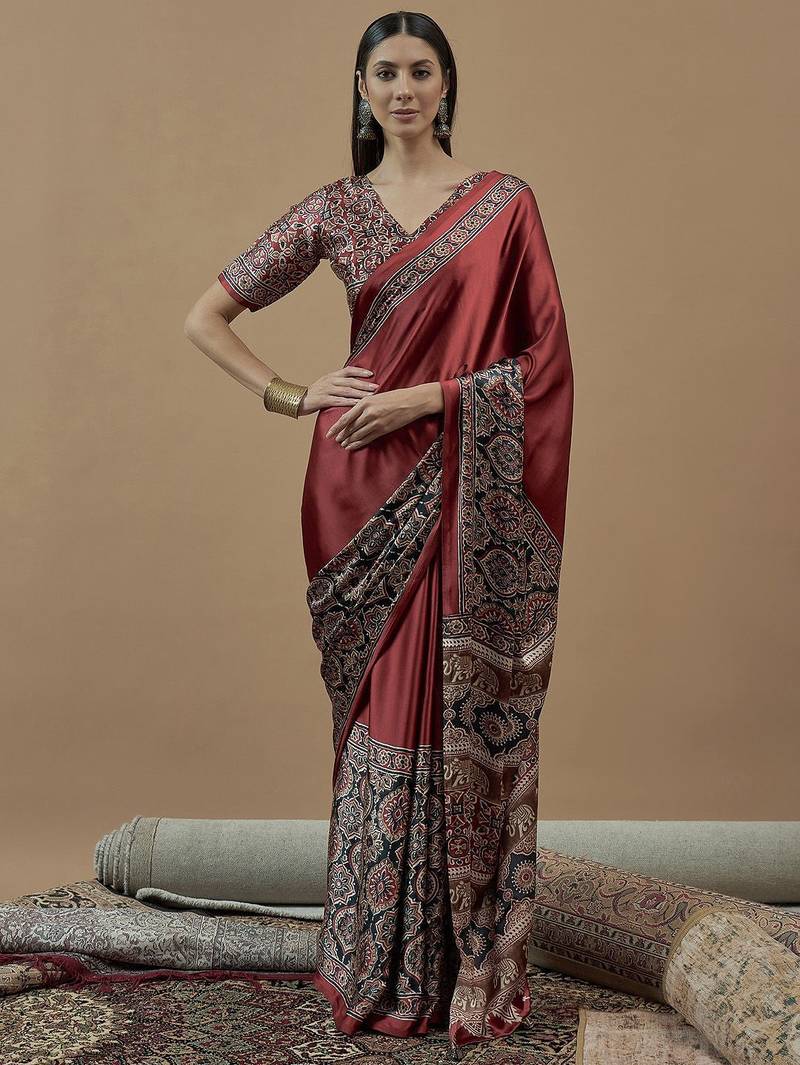 maroon ajrak block poly crepe block print saree