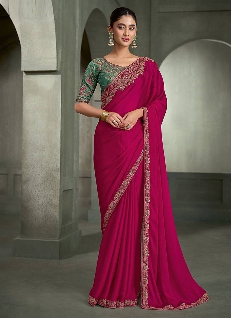 burgundy satin chiffon with tussar work blouse party wear saree