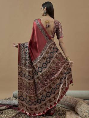 maroon ajrak block poly crepe block print saree 2