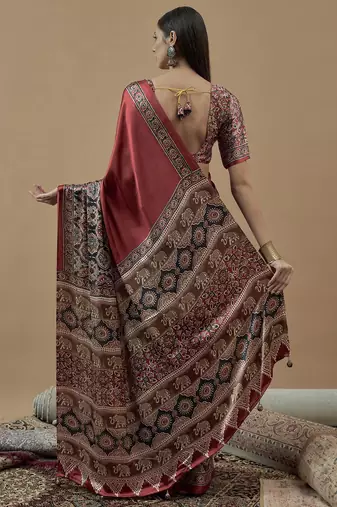 maroon ajrak block poly crepe block print saree