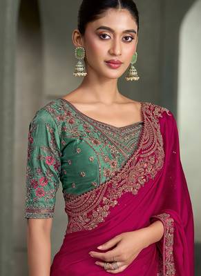 burgundy satin chiffon with tussar work blouse party wear saree 2