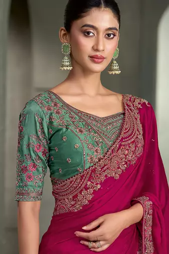 burgundy satin chiffon with tussar work blouse party wear saree