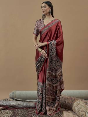 maroon ajrak block poly crepe block print saree 3
