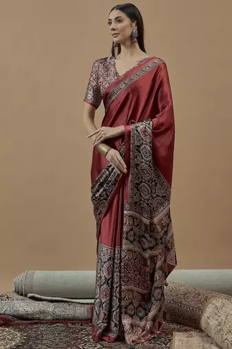 maroon ajrak block poly crepe block print saree
