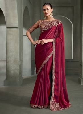 wine tissue satin with tussar work blouse party wear saree 1