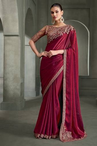wine tissue satin with tussar work blouse party wear saree
