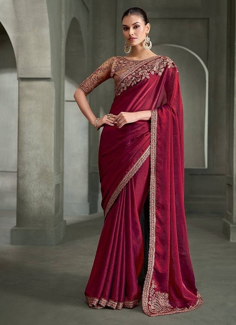 wine tissue satin with tussar work blouse party wear saree