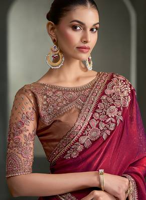 wine tissue satin with tussar work blouse party wear saree 2