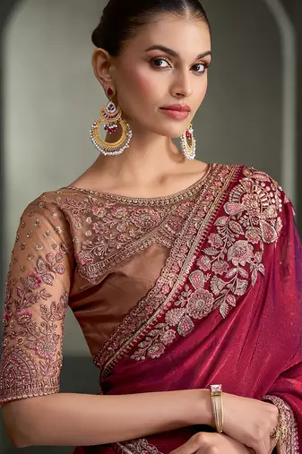 wine tissue satin with tussar work blouse party wear saree
