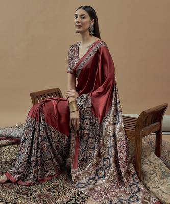 maroon ajrak block poly crepe block print saree 4
