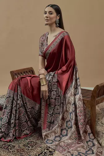 maroon ajrak block poly crepe block print saree