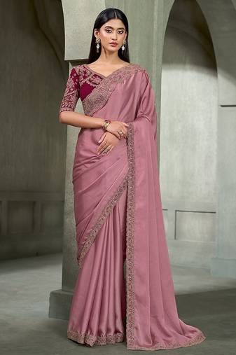 onion pink satin georgette with georgette work blouse party wear saree