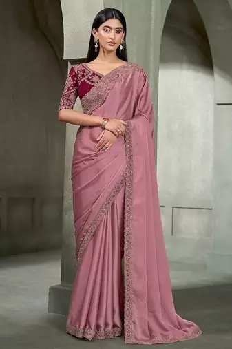 onion pink satin georgette with georgette work blouse party wear saree