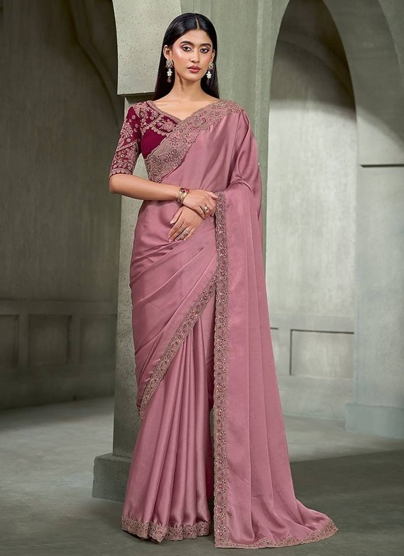 onion pink satin georgette with georgette work blouse party wear saree