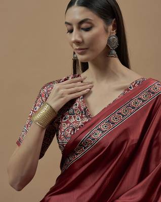 maroon ajrak block poly crepe block print saree 5