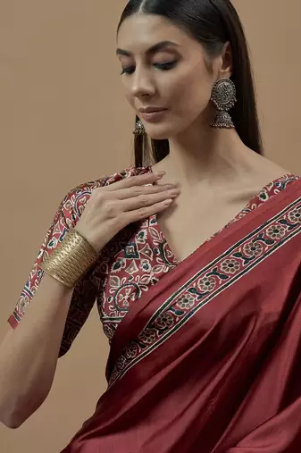 maroon ajrak block poly crepe block print saree