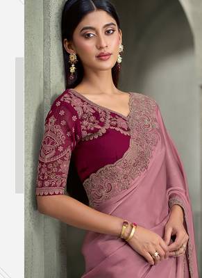 onion pink satin georgette with georgette work blouse party wear saree 2