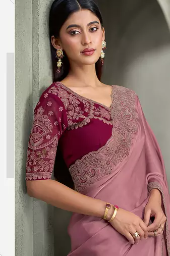 onion pink satin georgette with georgette work blouse party wear saree