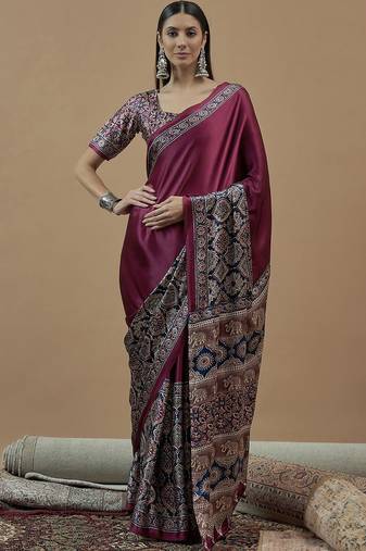 magenta ethnic motifs ajrak poly crepe block print saree