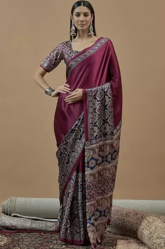 magenta ethnic motifs ajrak poly crepe block print saree