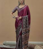 magenta ethnic motifs ajrak poly crepe block print saree
