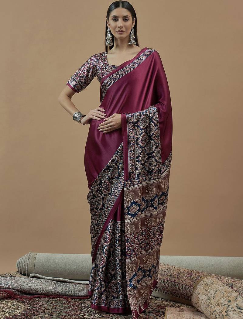 magenta ethnic motifs ajrak poly crepe block print saree