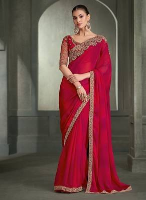 red chiffon with tussar work blouse party wear saree 1
