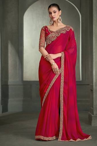 red chiffon with tussar work blouse party wear saree