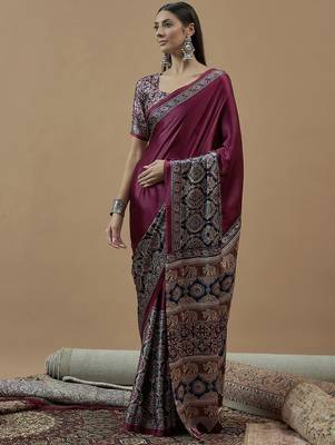 magenta ethnic motifs ajrak poly crepe block print saree 2