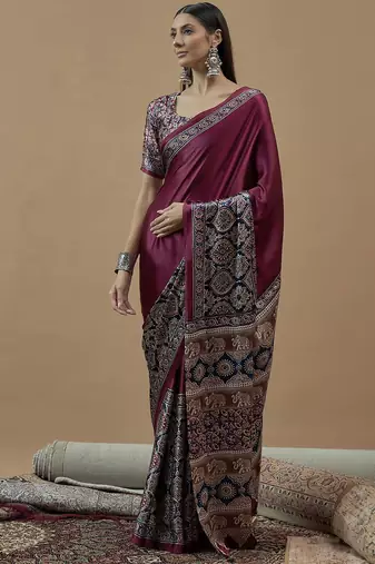 magenta ethnic motifs ajrak poly crepe block print saree