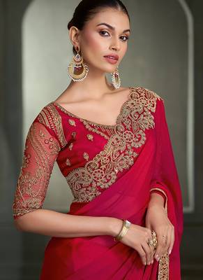 red chiffon with tussar work blouse party wear saree 2