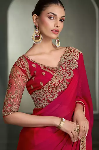 red chiffon with tussar work blouse party wear saree
