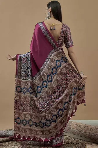 magenta ethnic motifs ajrak poly crepe block print saree