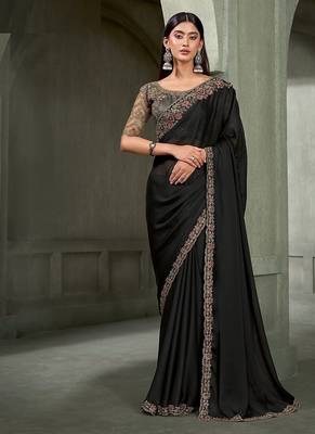 black chiffon with banglori work blouse party wear saree 1