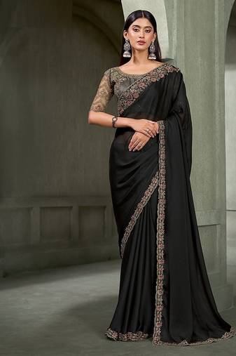 black chiffon with banglori work blouse party wear saree