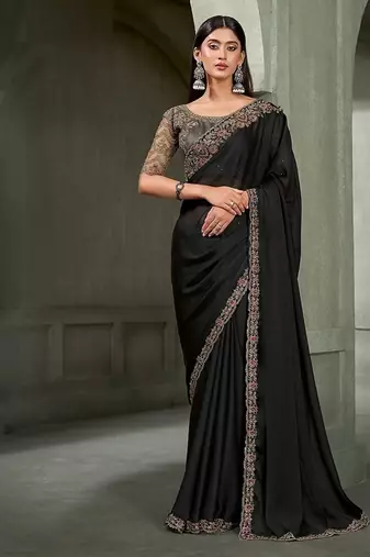 black chiffon with banglori work blouse party wear saree
