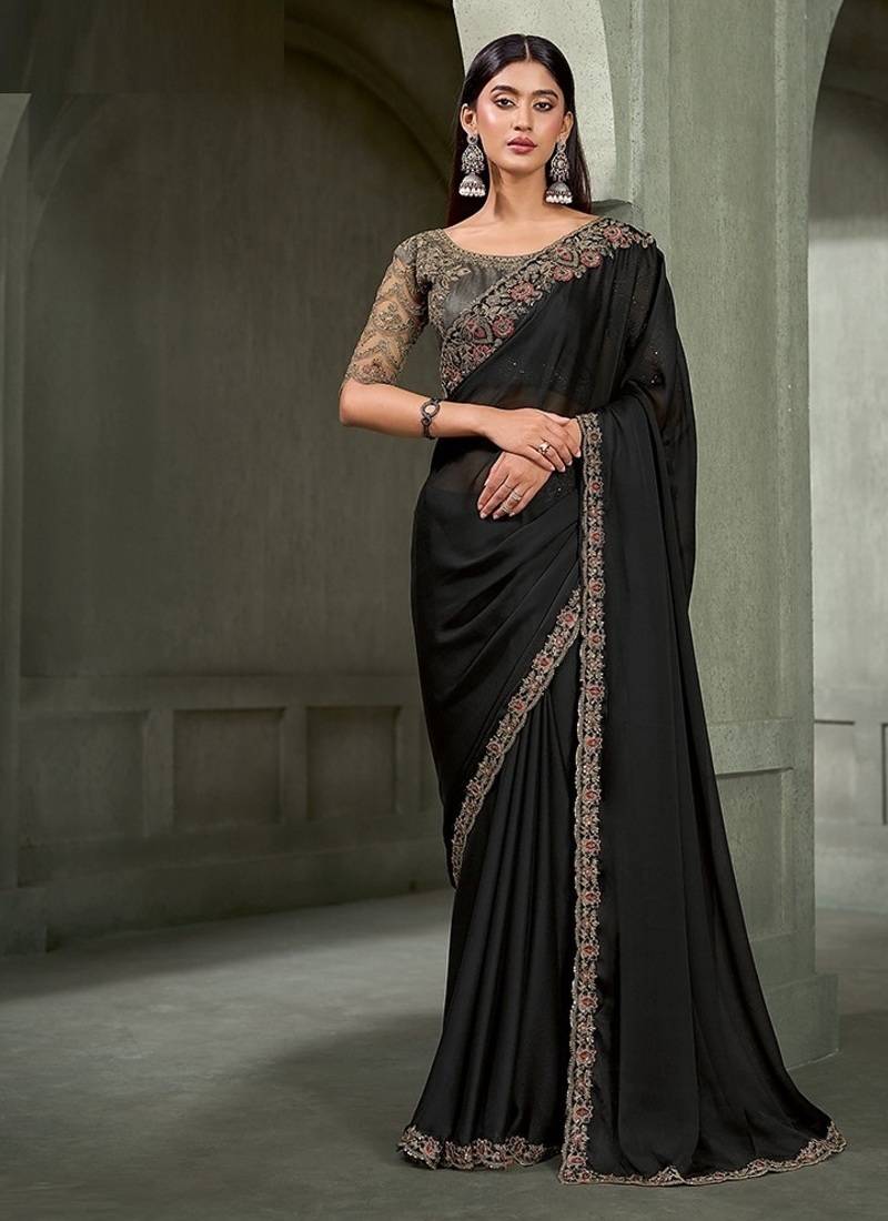 black chiffon with banglori work blouse party wear saree