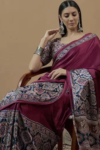 magenta ethnic motifs ajrak poly crepe block print saree